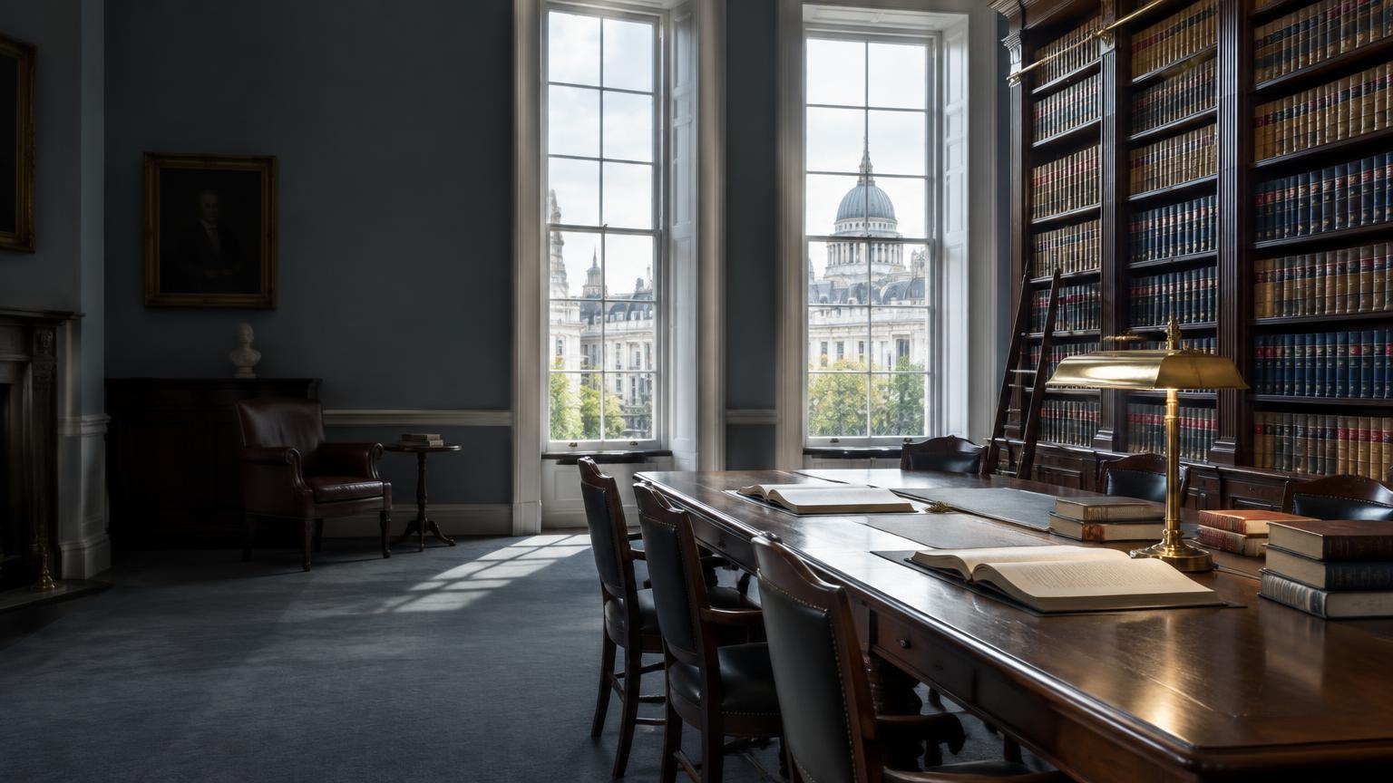 Books and open reference volumes in a British library overlooking St Paul's Cathedral